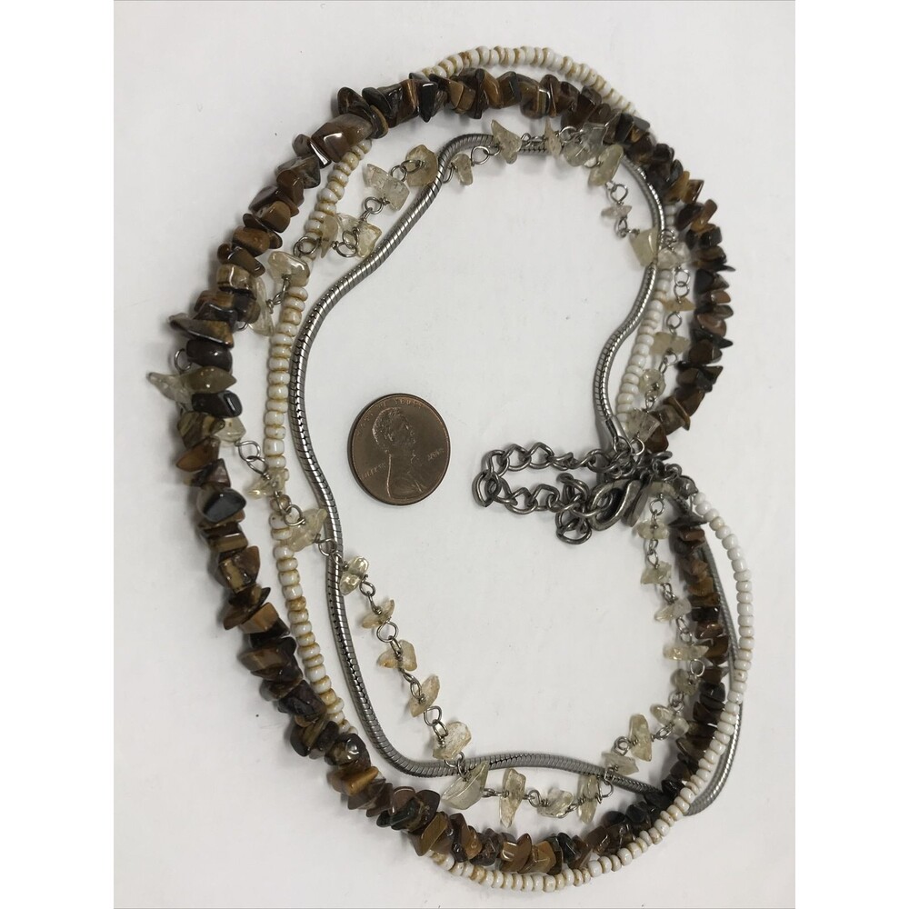 Chico's Necklace Multi Strand Shell Seed Bead Brown White Clear Silver Tone Bead